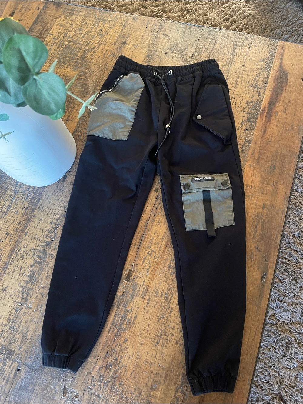 Black Men's Cargo-Style Joggers with Olive Patch Accents